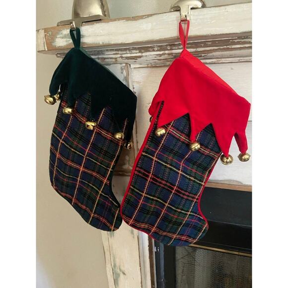 VGUC Lot of 2 Vintage Jingle Bell Embroidered Needlepoint Plaid Stockings - Picture 1 of 11